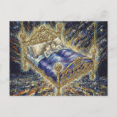 都市の幻想的な眠るカップルの魔法のベッド ポストカード (正面)