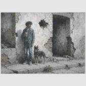 都市の廃墟と少年と犬のニュートラルな色調のデコパージュ 薄葉紙 (正面)