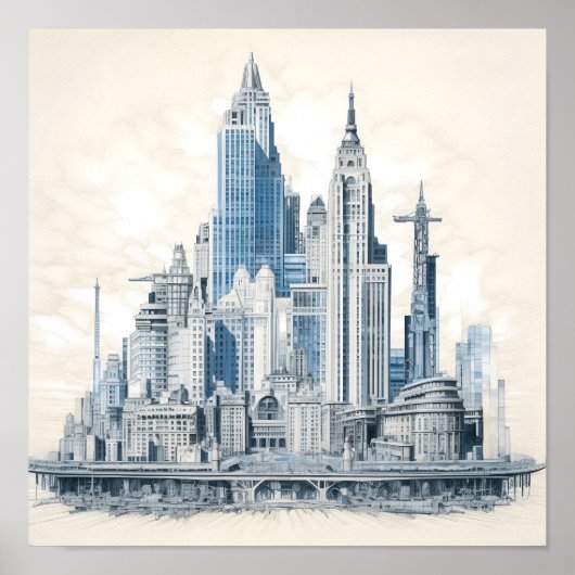 都市の青写真スタイルデザイン ポスター (正面)