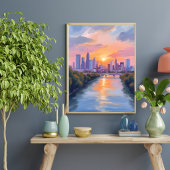 都市の風景・夕焼けの水彩画 ポスター
