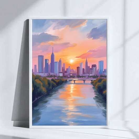 都市の風景・夕焼けの水彩画 ポスター