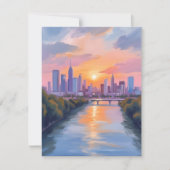 都市の風景 夕焼け 水彩画カード (正面)