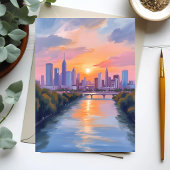 都市の風景 夕焼け 水彩画カード