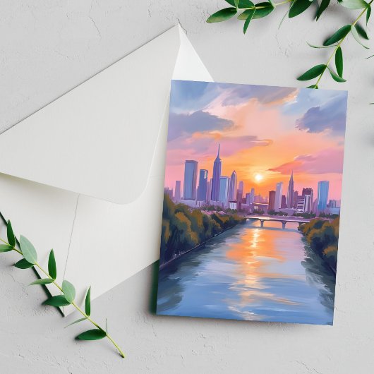 都市の風景 夕焼け 水彩画カード