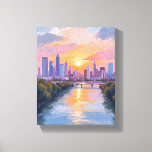 都市の風景 夕焼け 水彩画 キャンバスプリント