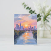 都市の風景 夕焼け 水彩画 ポストカード (スタンド正面)