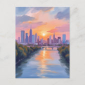 都市の風景 夕焼け 水彩画 ポストカード (正面)
