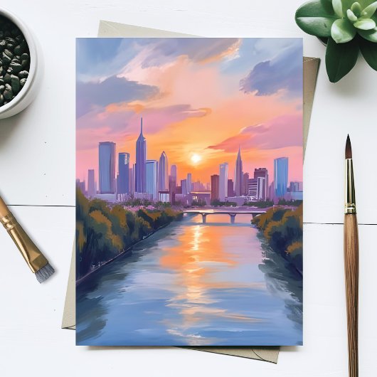 都市の風景 夕焼け 水彩画 ポストカード