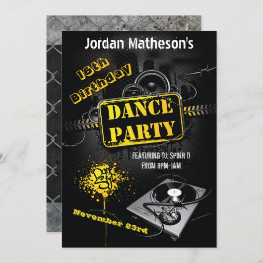 都市グランジな第16誕生日のダンスのパーティの招待状 招待状 (正面/裏面)