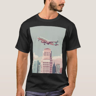 都市スカイライン飛行機着陸グラフィックTシャツ Tシャツ