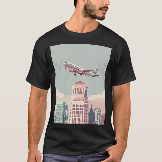 都市スカイライン飛行機着陸グラフィックTシャツ Tシャツ (正面)