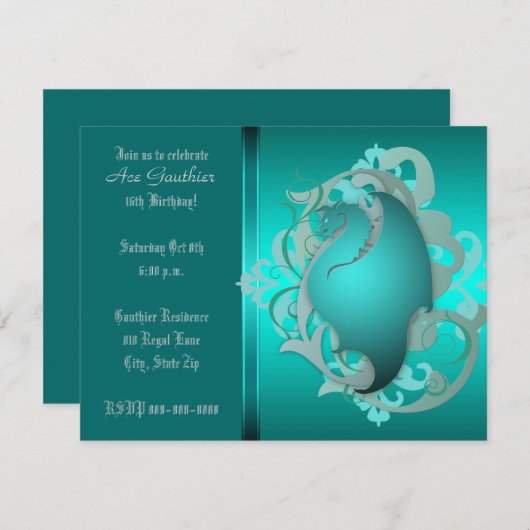 都市ティール(緑がかった色)のファンタジーのドラゴンの誕生会の招待 招待状 (正面/裏面)