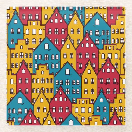 都市抽象芸術:ヴィンテージ都市パターン ガラスコースター (正面)