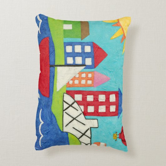 都市景観のヨットおよび熱気の気球 アクセントクッション (裏面(縦))