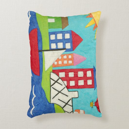 都市景観のヨットおよび熱気の気球 アクセントクッション (正面(垂直))