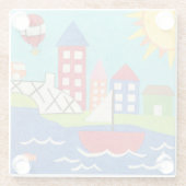 都市景観のヨットおよび熱気の気球 ガラスコースター (裏面)