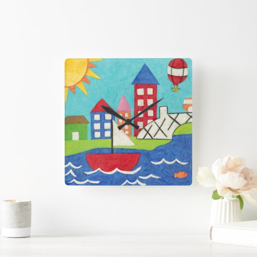 都市景観のヨットおよび熱気の気球 スクエア壁時計 (ホーム)