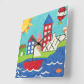 都市景観のヨットおよび熱気の気球 スクエア壁時計 (傾斜)