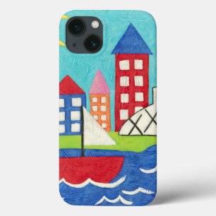 都市景観のヨットおよび熱気の気球 iPhone 13ケース