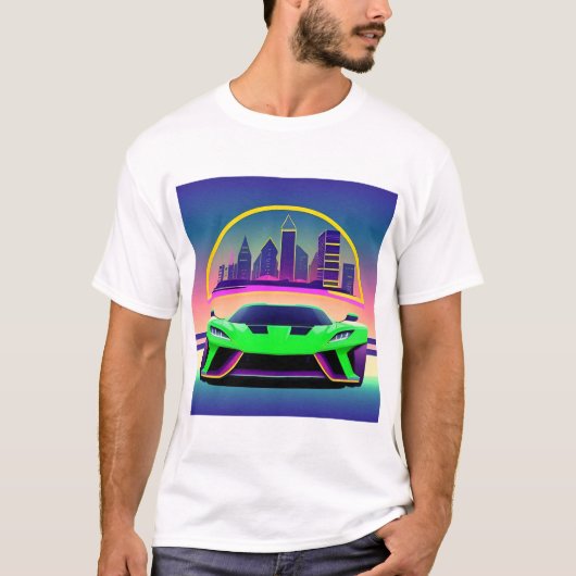 都市景観の未来的スポーツ鮮やかカー Tシャツ (正面)