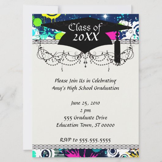 都市都市グラフィティ絵を描（ばちゃばちゃ）跳ねる卒業 招待状 (正面)