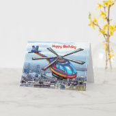 都市飛んでいるハッピーバースデー上空のハイヘリコプター カード (黄色い花)