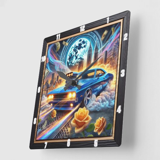 都市鮮やかを背景にしたブルーマッスルカー スクエア壁時計 (傾斜)