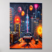 都市、屋上、花火| AI Art Poster ポスター (正面)