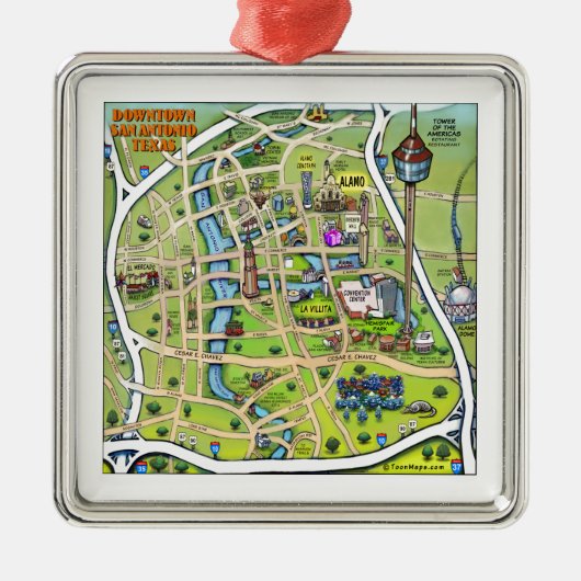 都心のサン・アントニオの漫画の地図 メタルオーナメント (正面)