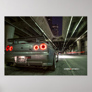 都心のロサンゼルスの日産・スカイラインGTR R34 ポスター