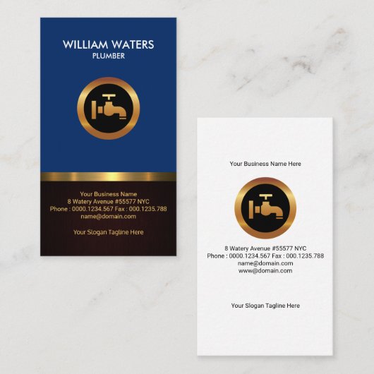 配管工の印象的な金ゴールドアイコンレトロブルーウッドグレイン 名刺 (正面/裏面)