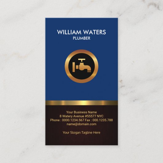 配管工の印象的な金ゴールドアイコンレトロブルーウッドグレイン 名刺 (正面)