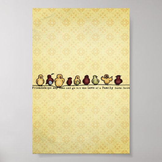 配線上の鳥の黄色の背景ファミリ引用文 ポスター (正面)