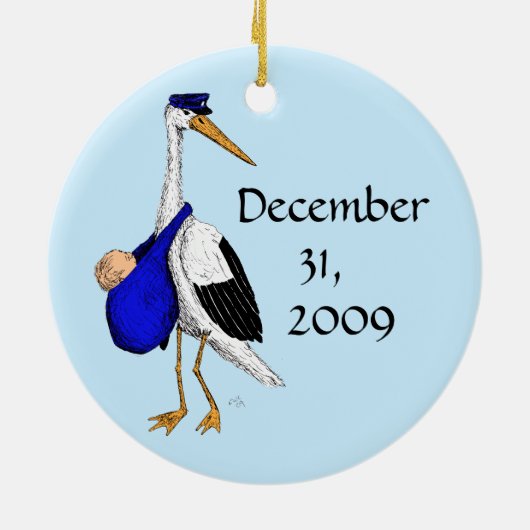 配達こうのとりの男の赤ちゃんのオーナメント セラミックオーナメント (裏面)