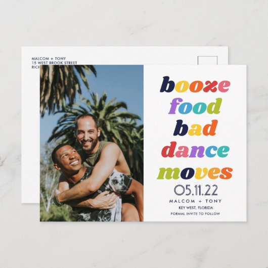 酒おもしろい、食べ物、悪いダンスが動くゲイ写真  案内ポストカード (正面/裏面)