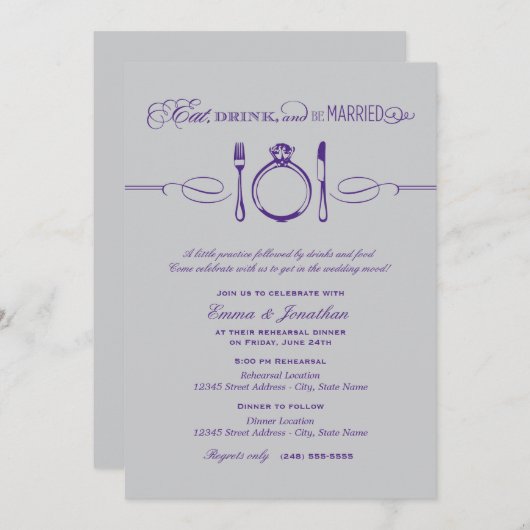 酒食べを飲み紫結婚したのリハーサルディナーになる 招待状 (正面/裏面)