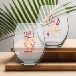 酒食べを飲んで新婚結婚した夫人と一緒に ステムなしワイングラス