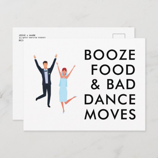 酒、食べ物、悪いダンスが日付をおもしろい守る動き 案内ポストカード (正面/裏面)
