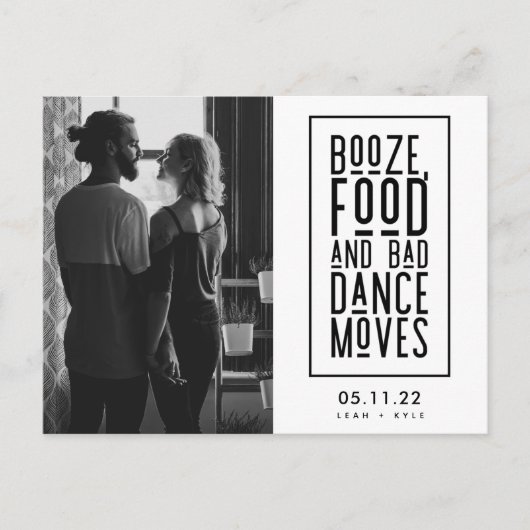 酒、食べ物、悪いダンスの動きおもしろい日付を保存 案内ポストカード (正面)