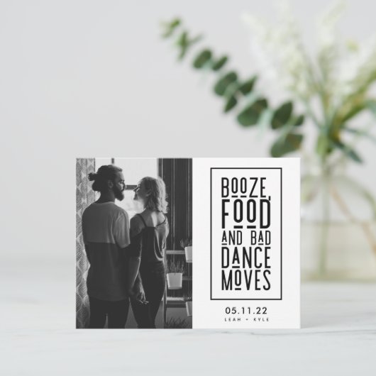 酒、食べ物、悪いダンスの動きおもしろい日付を保存 案内ポストカード (スタンド正面)