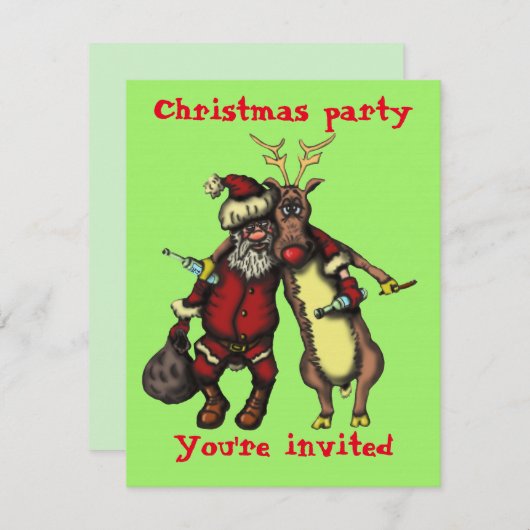 酔っおもしろいたサンタとルドルフのクリスマスカード 招待状 (正面/裏面)