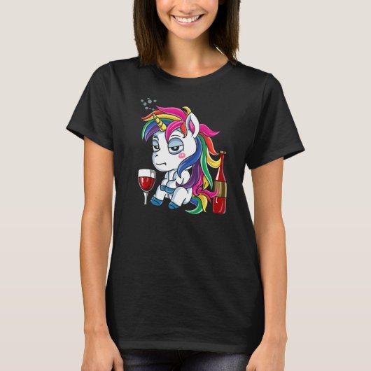 酔っぱらったユニコーンワイン飲み Tシャツ (正面)