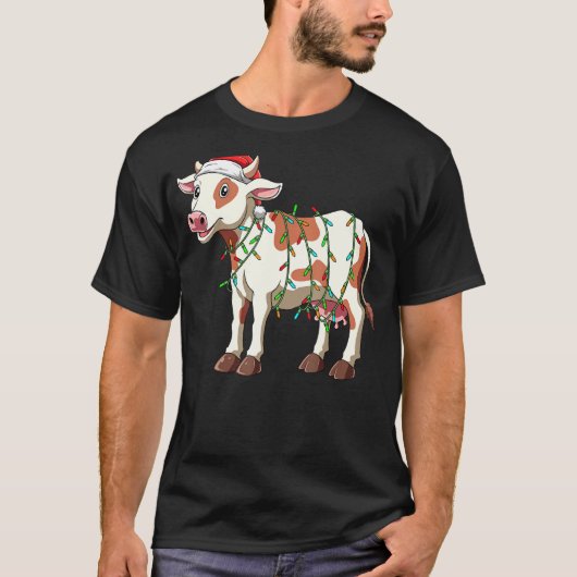 酪農家のためのクリスマスコスチューム 牛のサンタ帽子 クリスマスギフト Tシャツ (正面)
