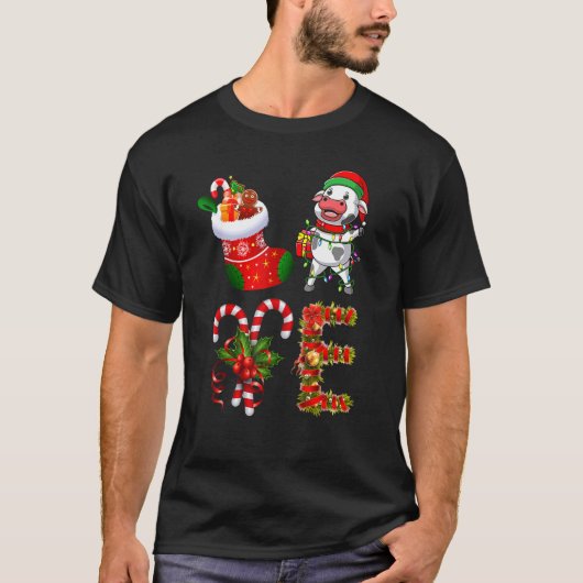 酪農牛クリスマスイルミネーションLEDかわいいサンタ帽子クリ Tシャツ (正面)