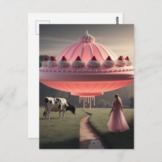 酪農牧草地でピンクのUFO超現実的な甘いトリートメント ポストカード (正面/裏面)