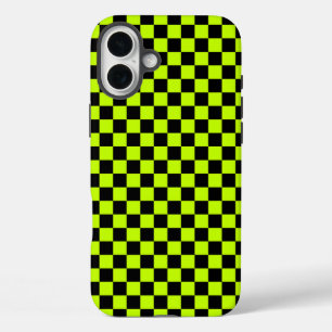 酸性緑と黒の市松模様パターン iPhone 16 PLUSケース