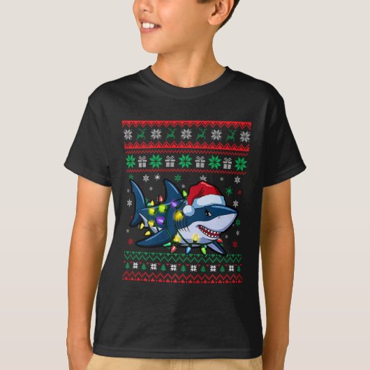 醜いおもしろいクリスマスシャークサンタハットライトクリスマス Tシャツ (正面)