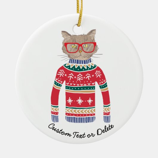 醜いおもしろいクリスマスセーターかわいい猫好き セラミックオーナメント (正面)