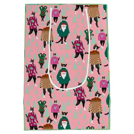 醜いおもしろいクリスマスセーターの猫がピンク ミディアムペーパーバッグ (裏面)