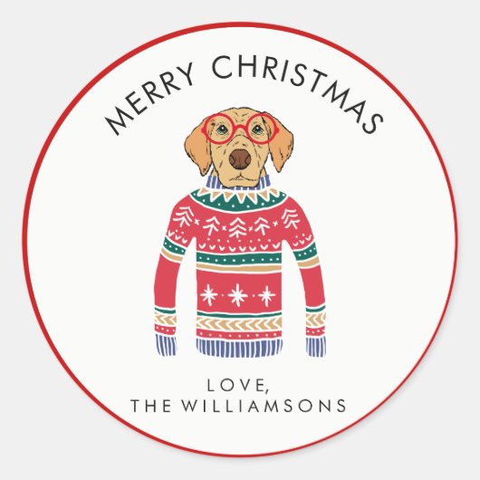 醜いおもしろいクリスマスセーターを着たかわいい犬 ラウンドシール (正面)